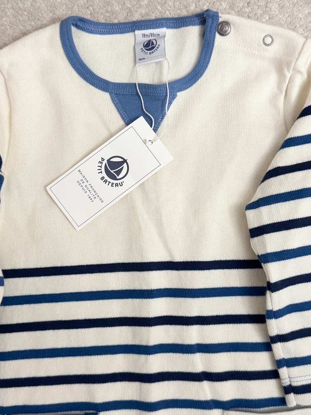 Petit Bateau Cream & Blue Striped Baby Boy One-Piece Snap Closure Onesie 18mo - Picture 5 of 6